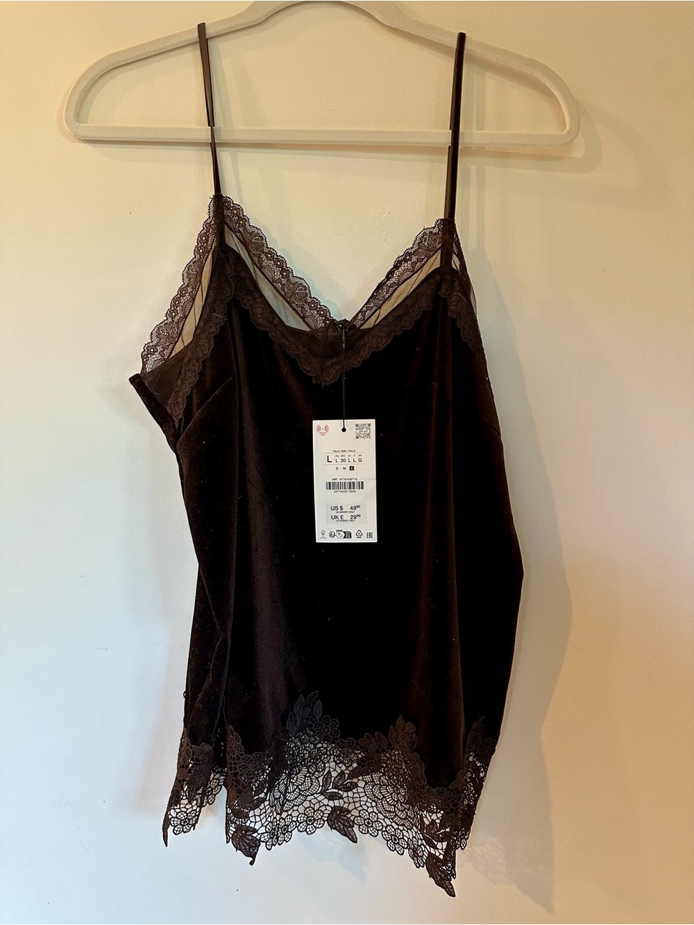 NWT - Zara Lace Trim Velvet Camisole - Brown